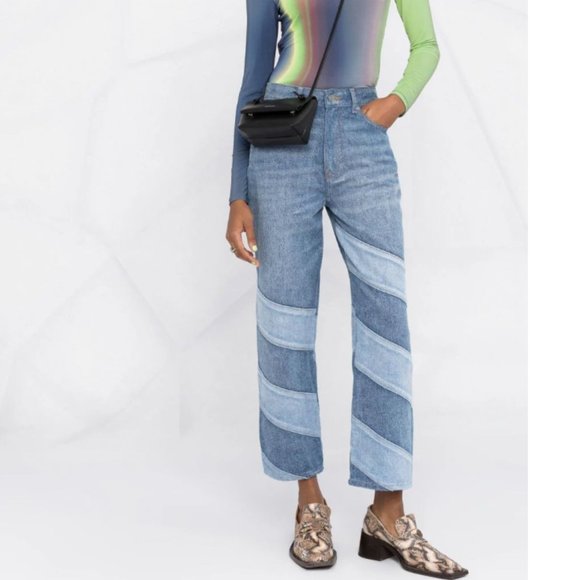 NWT Ganni Diagonal-stripe Denim Jeans - Size 24 - Picture 1 of 7